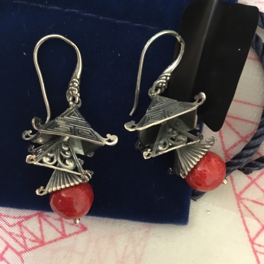 NWT RARE Artisan By Samuel B Solid Sterling Silver & Red Coral Dangle Earrings!